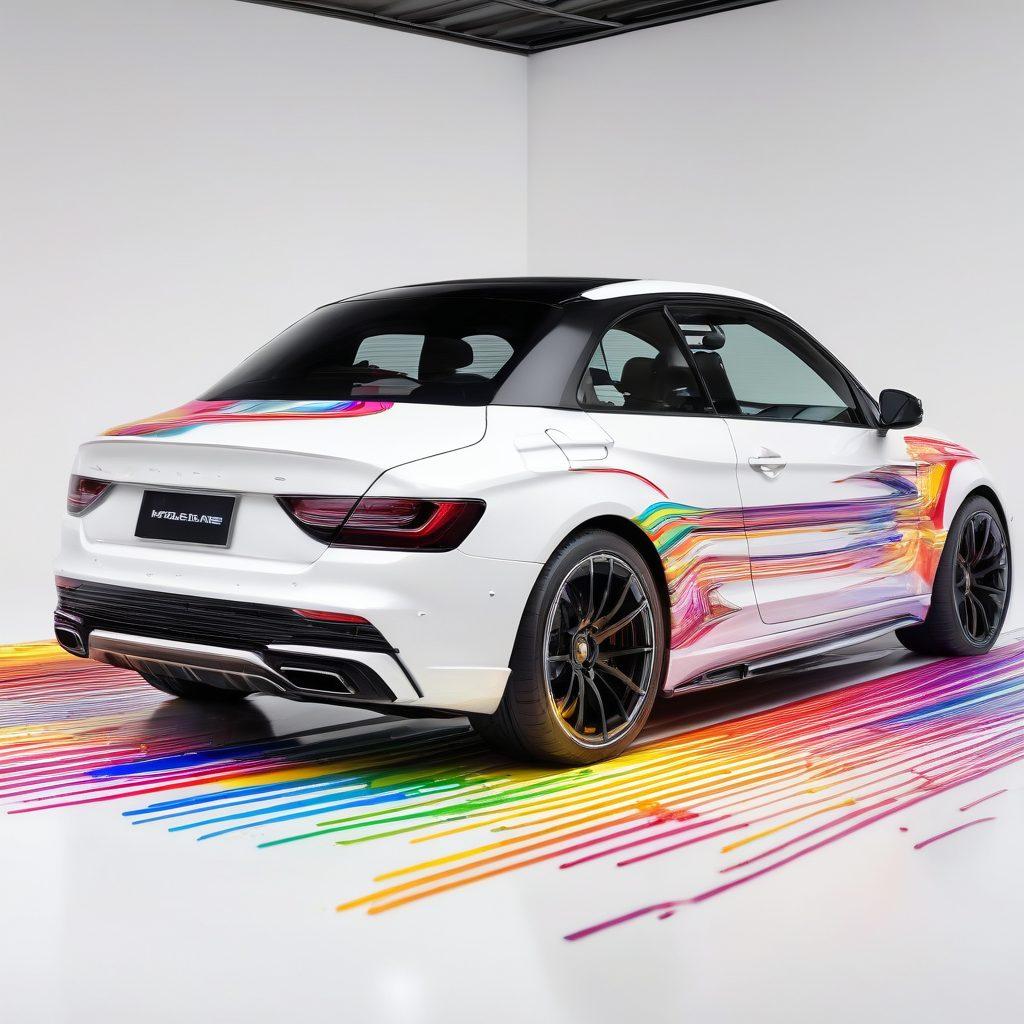 A dynamic garage scene featuring an artist adjusting sound frequencies on a high-tech mixer, with a customized car revving in the background. Visual sound waves depicted as colorful, abstract lines emanating from the engine, blending with the vibrant colors of the car. Tools and car parts scattered around, showcasing creativity in automotive sound design. super-realistic. vibrant colors. white background.
