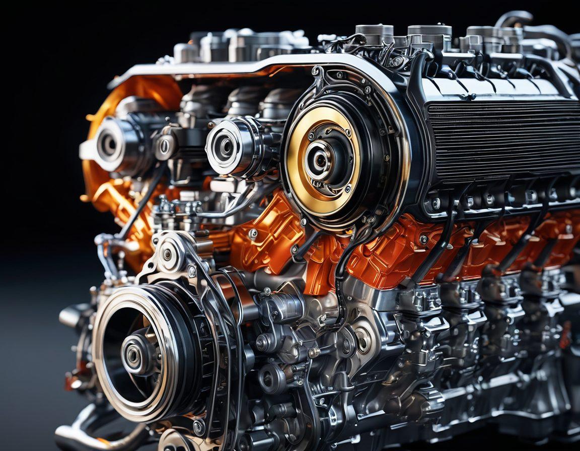 A dynamic close-up of a high-performance car engine, showcasing intricate mechanical details and brilliant metallic colors. Add visual effects of sound waves emanating from the engine, symbolizing powerful sound transformation. Include a backdrop of a racetrack with blurred motion to convey speed and excitement. The lighting should emphasize the engine's shine and illustrate an atmosphere of intensity. super-realistic. vibrant colors. blurred background.