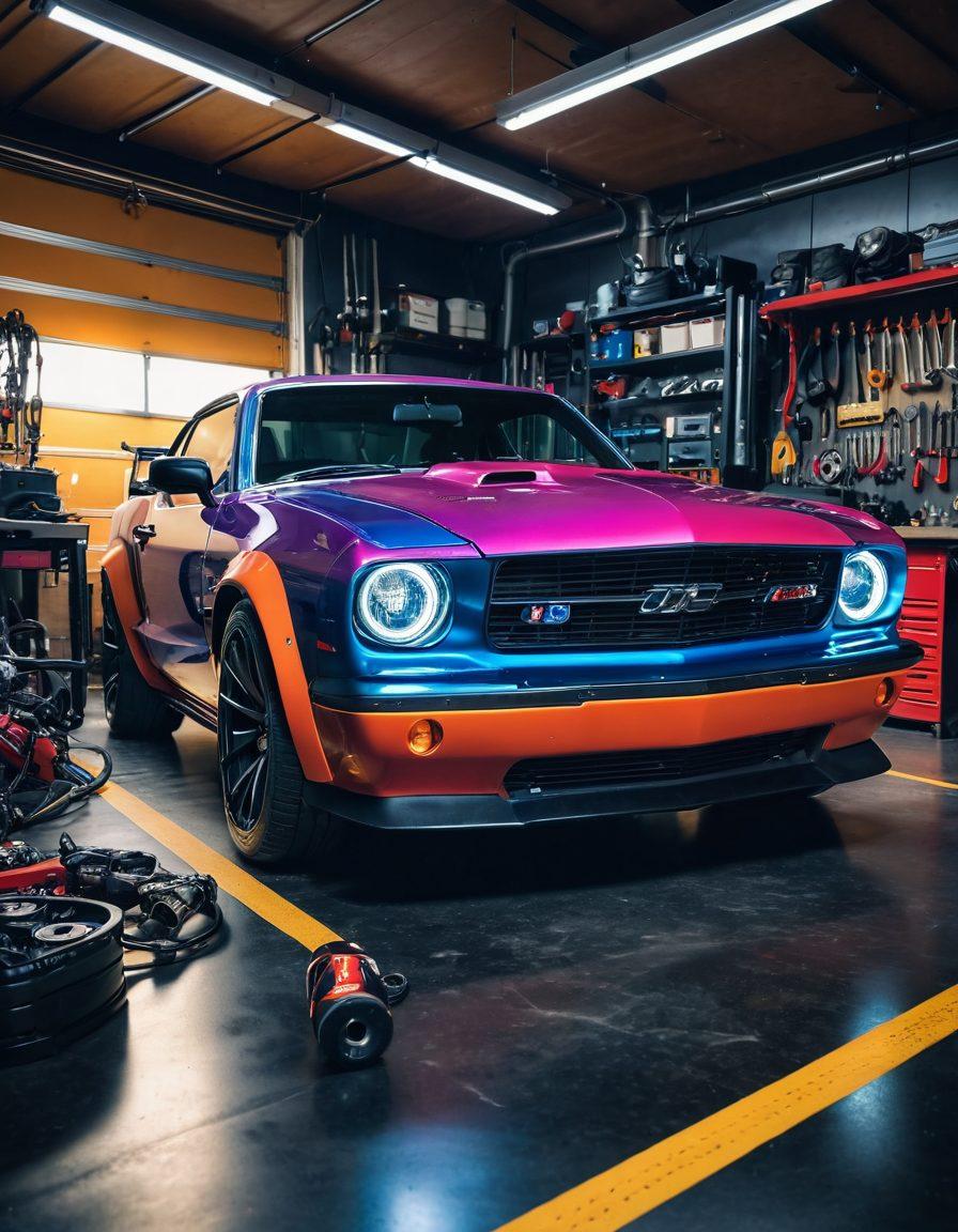 A dynamic scene showcasing a sleek, modified car in a garage, surrounded by high-tech tools and engine parts. The car features a custom exhaust system that glows with energy, symbolizing power and performance. In the background, a mechanic passionately works on another vehicle, highlighting the theme of transformation and improvement. The atmosphere is filled with vibrant colors and an edgy, energetic vibe to reflect speed and excitement. super-realistic. vibrant colors. dramatic lighting.